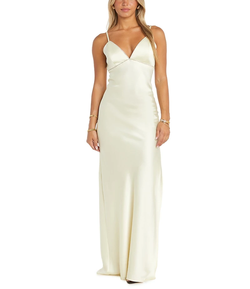 Morgan & Co. Sleeveless Spaghetti Strap Satin Rhinestone Trim Dress