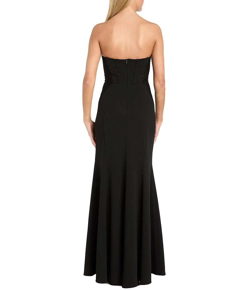 Morgan & Co. Strapless Bustier-Bodice Stretch Scuba Crepe Long Dress
