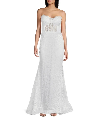 Morgan & Co. Strapless Glitter Illusion Lace Corset Long Dress