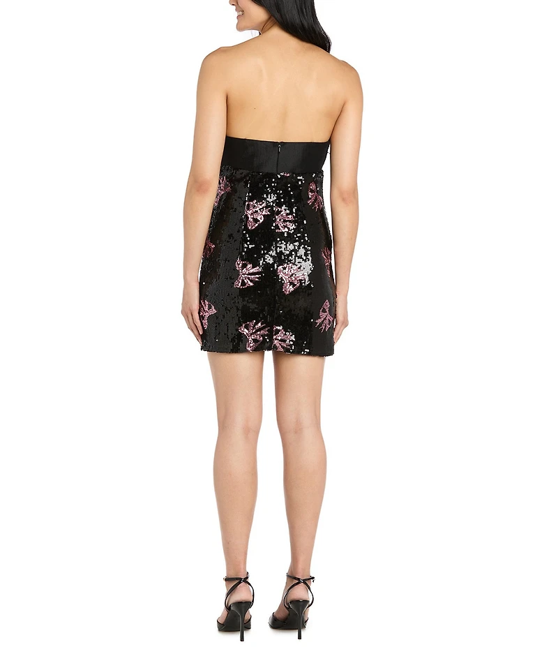 Morgan & Co. Strapless Taffeta Bow Keyhole Front Sequin Mini Dress