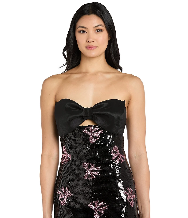 Morgan & Co. Strapless Taffeta Bow Keyhole Front Sequin Mini Dress