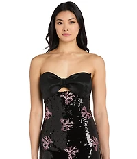 Morgan & Co. Strapless Taffeta Bow Keyhole Front Sequin Mini Dress