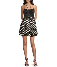 Morgan & Co. Stretch Taffeta Foil Metallic Dot Stone Brooch Bubble Dress
