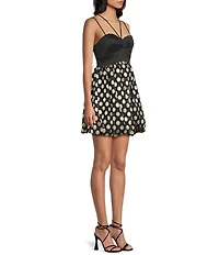 Morgan & Co. Stretch Taffeta Foil Metallic Dot Stone Brooch Bubble Dress