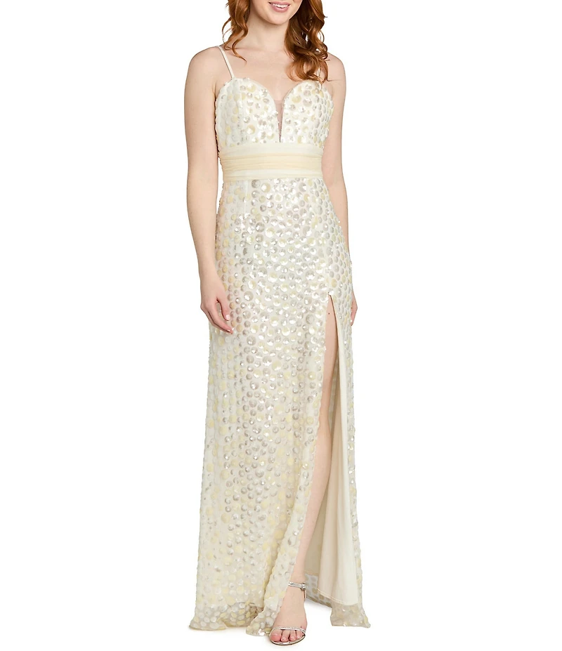 Morgan & Co. Sweetheart V-Neck Paillette Side Slit Long Dress