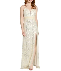 Morgan & Co. Sweetheart V-Neck Paillette Side Slit Long Dress