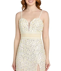 Morgan & Co. Sweetheart V-Neck Paillette Side Slit Long Dress