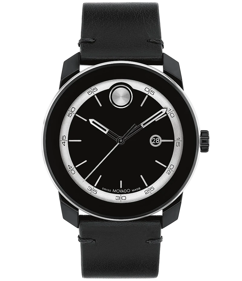 Movado Bold Men's TR90 Quartz Mechanical Automatic Black Leather Strap Watch