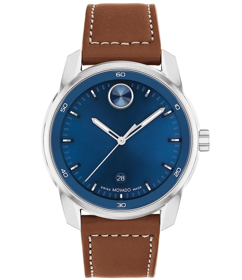 Movado Bold Men's Verso Quartz Analog Cognac Leather Strap Watch