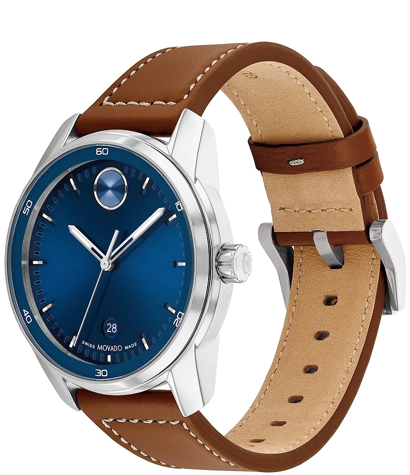 Movado Bold Men's Verso Quartz Analog Cognac Leather Strap Watch