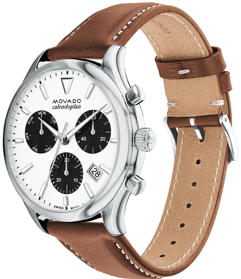 Movado Men's Heritage Quartz Chronograph Cognac Brown Leather Strap Watch