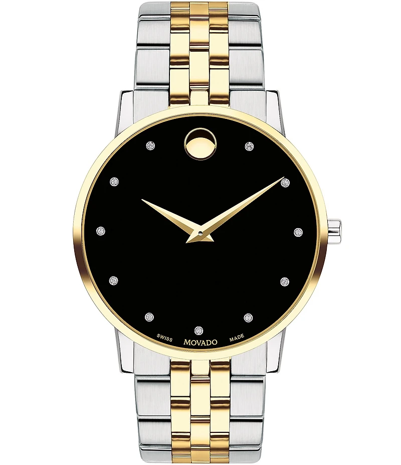 Movado Museum Classic Two Tone Link Bracelet Watch with Diamond Detail