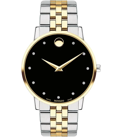 Movado Museum Classic Two Tone Link Bracelet Watch with Diamond Detail