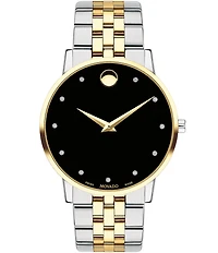 Movado Museum Classic Two Tone Link Bracelet Watch with Diamond Detail