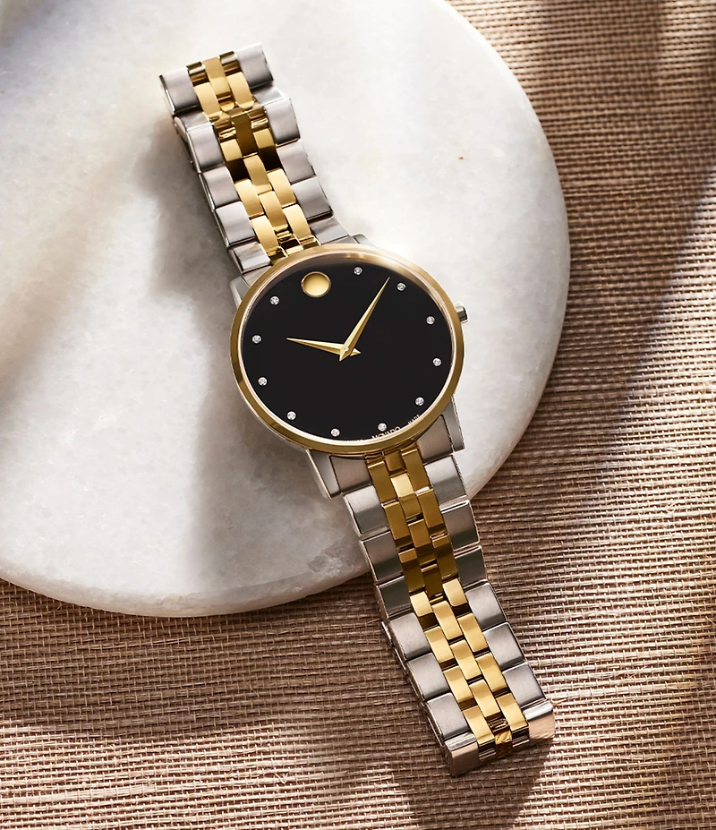 Movado Museum Classic Two Tone Link Bracelet Watch with Diamond Detail