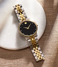 Movado Museum Classic Two Tone Link Bracelet Watch with Diamond Detail