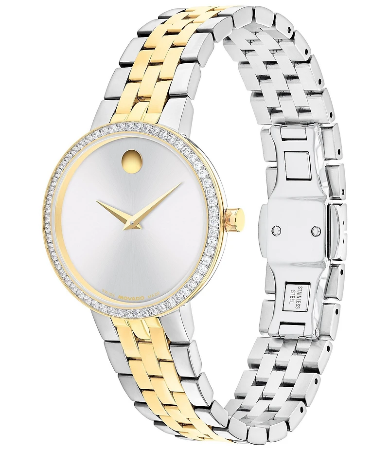Movado Women's Museum Classic Lab Grown Diamond Bezel Quartz Analog Stainless Steel and Light Gold PVD Bracelet Watch