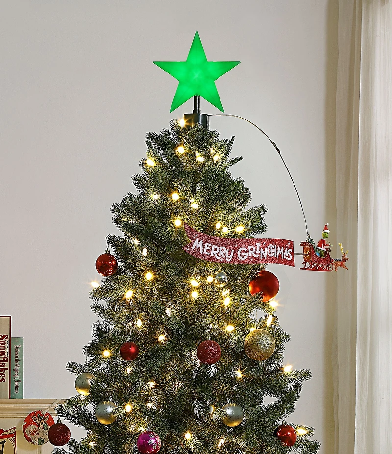 Mr. Christmas LED Lighted Grinch Sleigh Animated Tree Topper with Banner