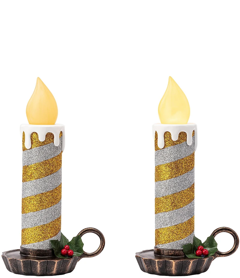 Mr. Christmas Battery-Operated Flickering LED Glittery Striped Candles in Silver and Gold, Set of 2