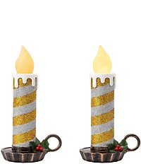Mr. Christmas Battery-Operated Flickering LED Glittery Striped Candles in Silver and Gold, Set of 2