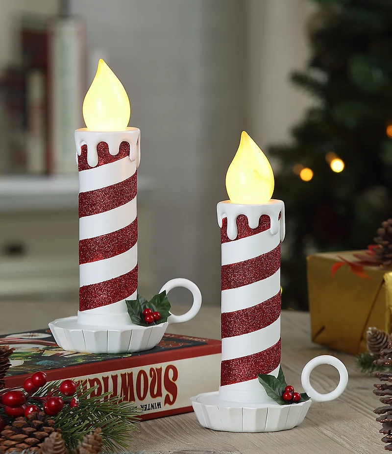 Mr. Christmas Battery-Operated Flickering LED Red and White Glittery Striped Candles, Set of 2