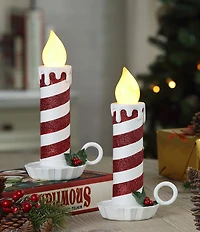 Mr. Christmas Battery-Operated Flickering LED Red and White Glittery Striped Candles, Set of 2