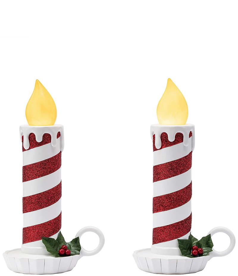 Mr. Christmas Battery-Operated Flickering LED Red and White Glittery Striped Candles, Set of 2