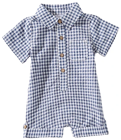 Mud Pie Baby Boy Short Sleeve Polo Collar Button Front Gingham Shortall