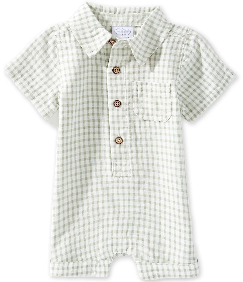 Mud Pie Baby Boy Short Sleeve Polo Collar Button Front Gingham Shortall