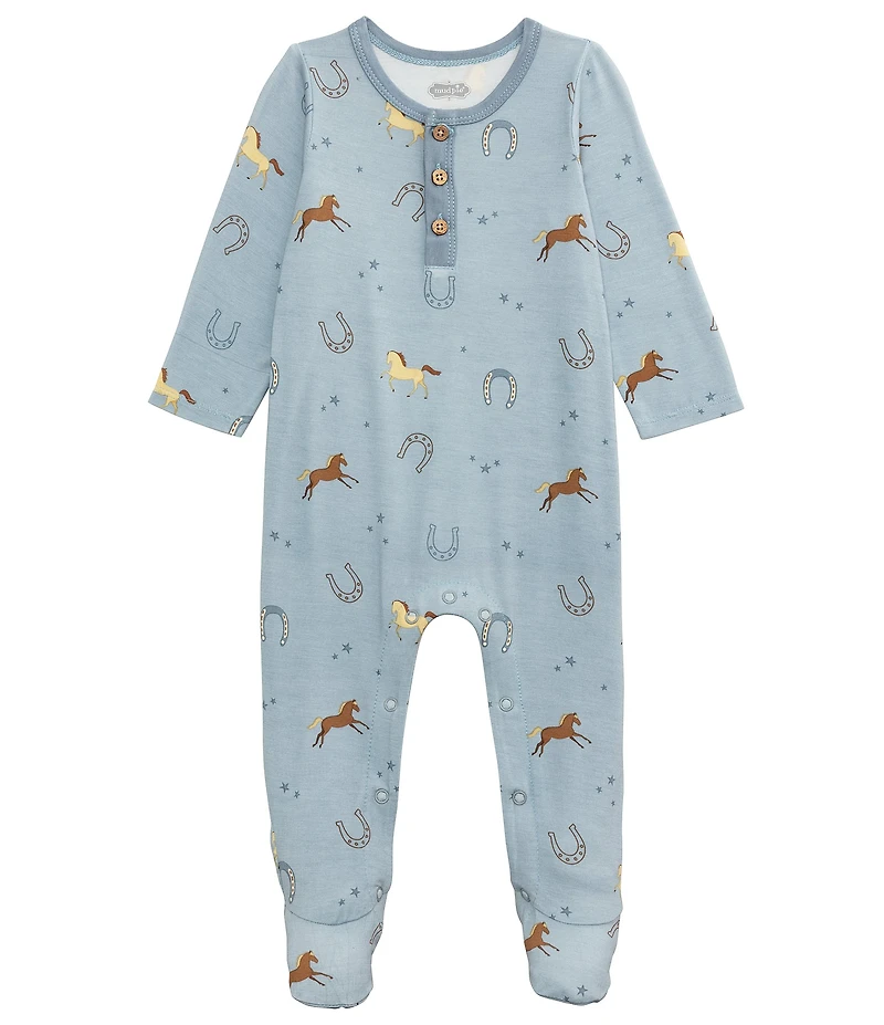 Mud Pie Baby Boys Horeshoe/Horses-Printed Footed Coverall