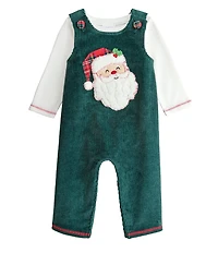 Mud Pie Baby Boys Sleeveless Santa-Face-Applique Corduroy Coverall & Long-Sleeve Solid Waffle-Weave T-Shirt Set