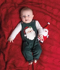 Mud Pie Baby Boys Sleeveless Santa-Face-Applique Corduroy Coverall & Long-Sleeve Solid Waffle-Weave T-Shirt Set