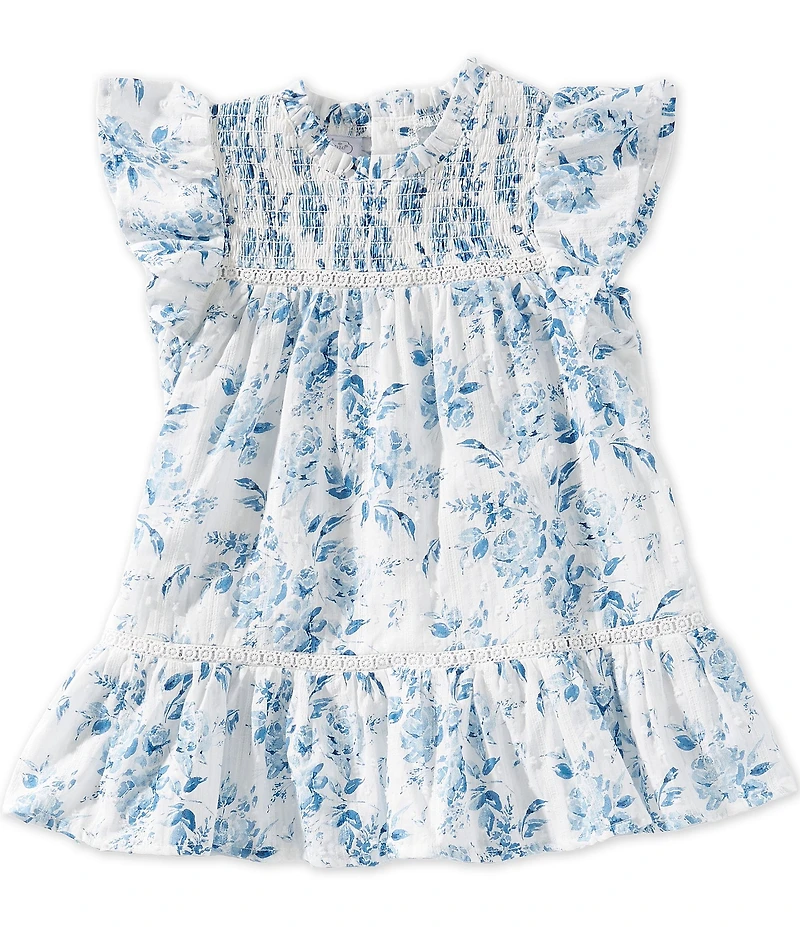 Mud Pie Baby Girls Floral Print Ruffle Neck Short Sleeve Smocked Dress