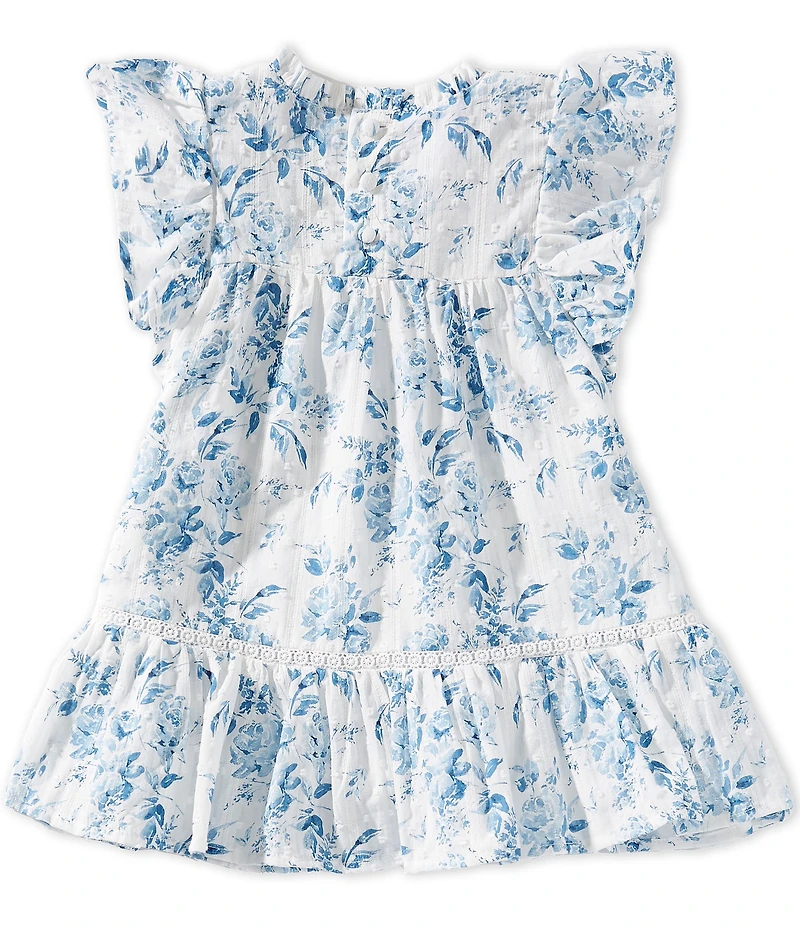 Mud Pie Baby Girls Floral Print Ruffle Neck Short Sleeve Smocked Dress