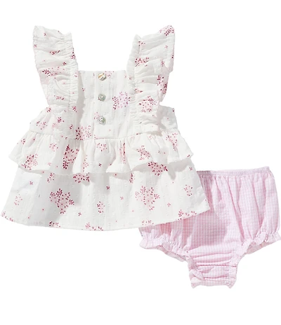 Mud Pie Baby Girls Flutter Sleeve Square Neck Blossom Pinafore Dress & Seersucker Diaper Cover Set