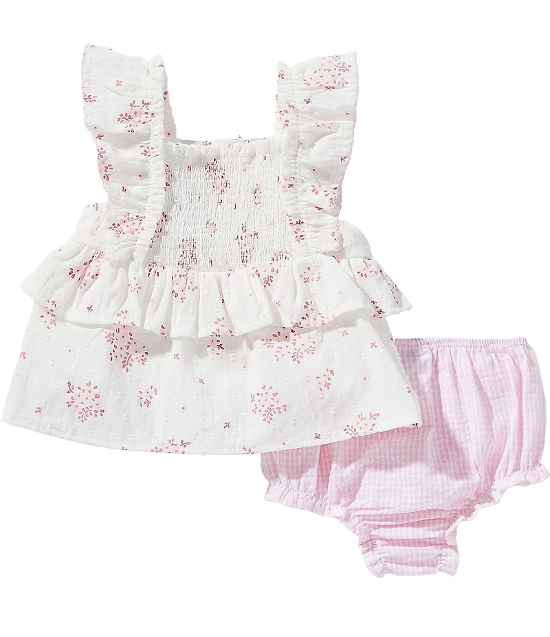 Mud Pie Baby Girls Flutter Sleeve Square Neck Blossom Pinafore Dress & Seersucker Diaper Cover Set