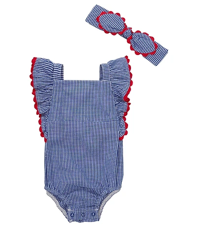 Mud Pie Baby Girls Gingham Sleeveless Ruffle Ric-Rac Trimmed Sun Bubble Romper