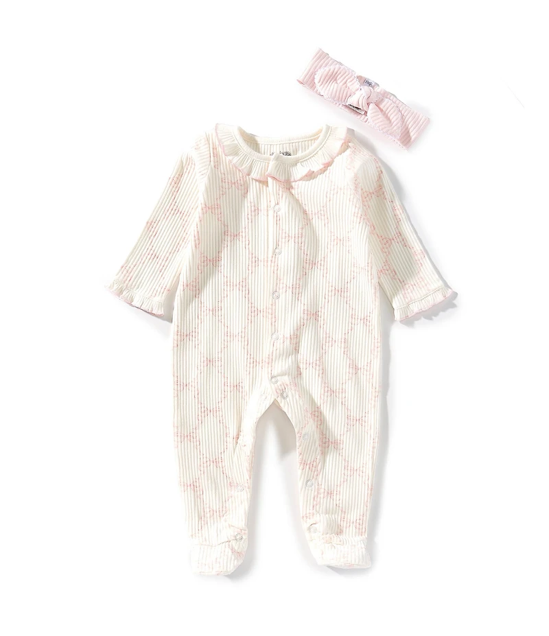 Mud Pie Baby Girls Long Sleeve Bow Printed Footie Coverall