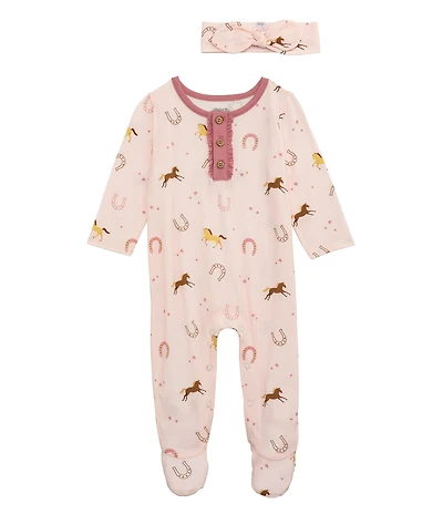 Mud Pie Baby Girls Long-Sleeve Horseshoe/Horses-Printed Footed Coverall