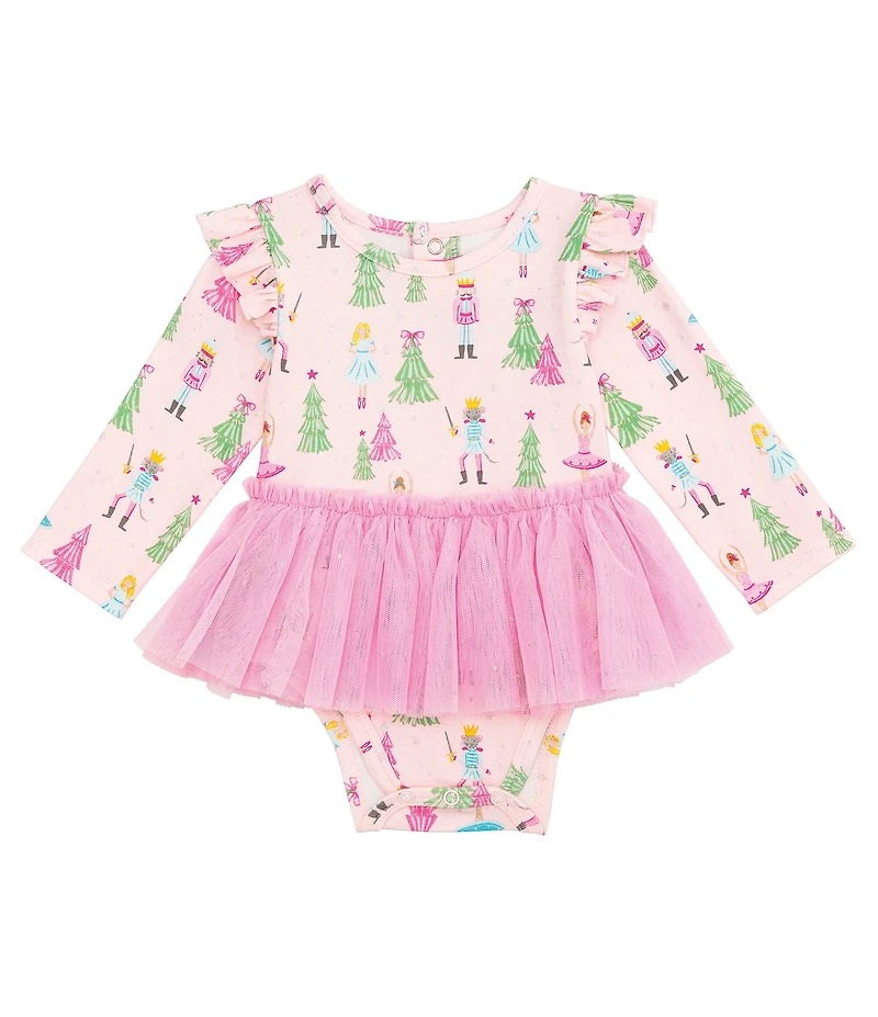 Mud Pie Baby Girls Long-Sleeve Nutcracker-Printed/Mesh-Tutu-Skirted Footed Coverall