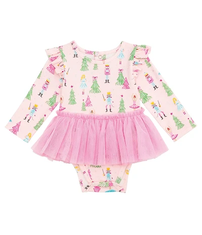 Mud Pie Baby Girls Long-Sleeve Nutcracker-Printed/Mesh-Tutu-Skirted Footed Coverall