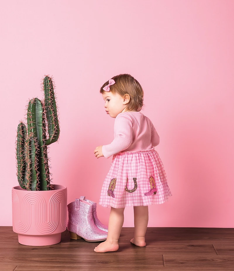 Mud Pie Baby Girls Long-Sleeve Rib-Knit Bodice/Sequin-Embellished Western-Motif Checked Skirted Fit-And-Flare Dress