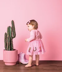 Mud Pie Baby Girls Long-Sleeve Rib-Knit Bodice/Sequin-Embellished Western-Motif Checked Skirted Fit-And-Flare Dress
