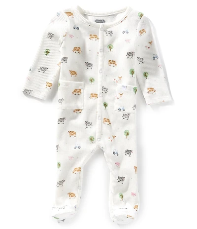 Mud Pie Baby Girls Long Sleeve Ditsy-Farm-Printed Waffle-Weave Footed Coverall