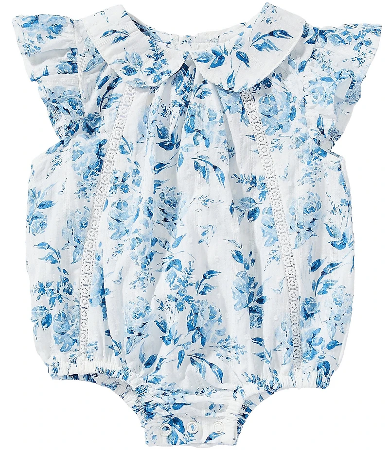 Mud Pie Baby Girls Peter Pan Cotton Toile Floral Print Flutter Sleeve Bubble Romper