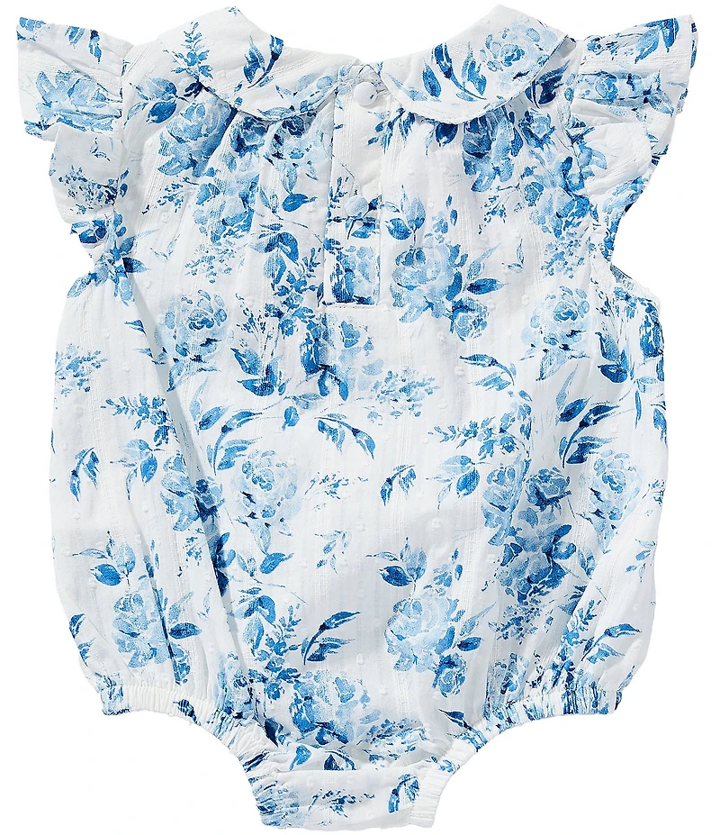Mud Pie Baby Girls Peter Pan Cotton Toile Floral Print Flutter Sleeve Bubble Romper