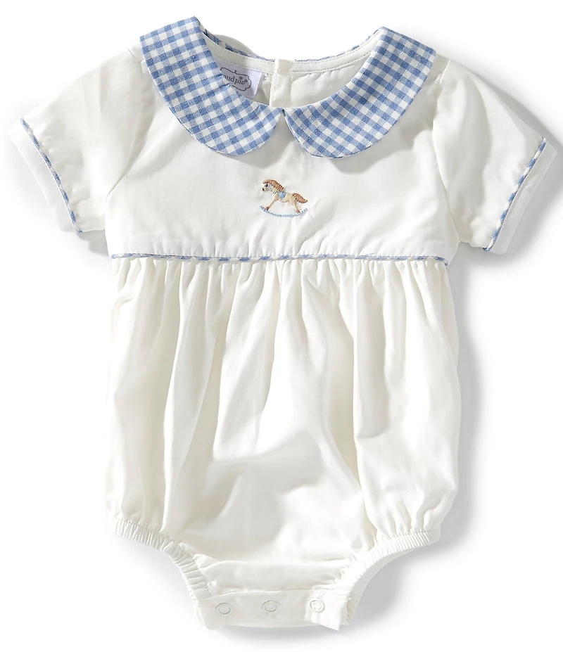 Mud Pie Baby Girls Rocking Horse Embroidery Gingham Collar and Trim Bubble