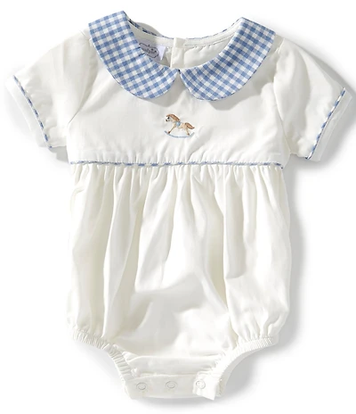 Mud Pie Baby Girls Rocking Horse Embroidery Gingham Collar and Trim Bubble