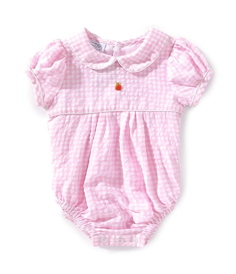 Mud Pie Baby Girls Short-Sleeve Gingham-Printed Pumpkin Embriodery Detail Bodysuit