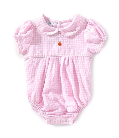 Mud Pie Baby Girls Short-Sleeve Gingham-Printed Pumpkin Embriodery Detail Bodysuit